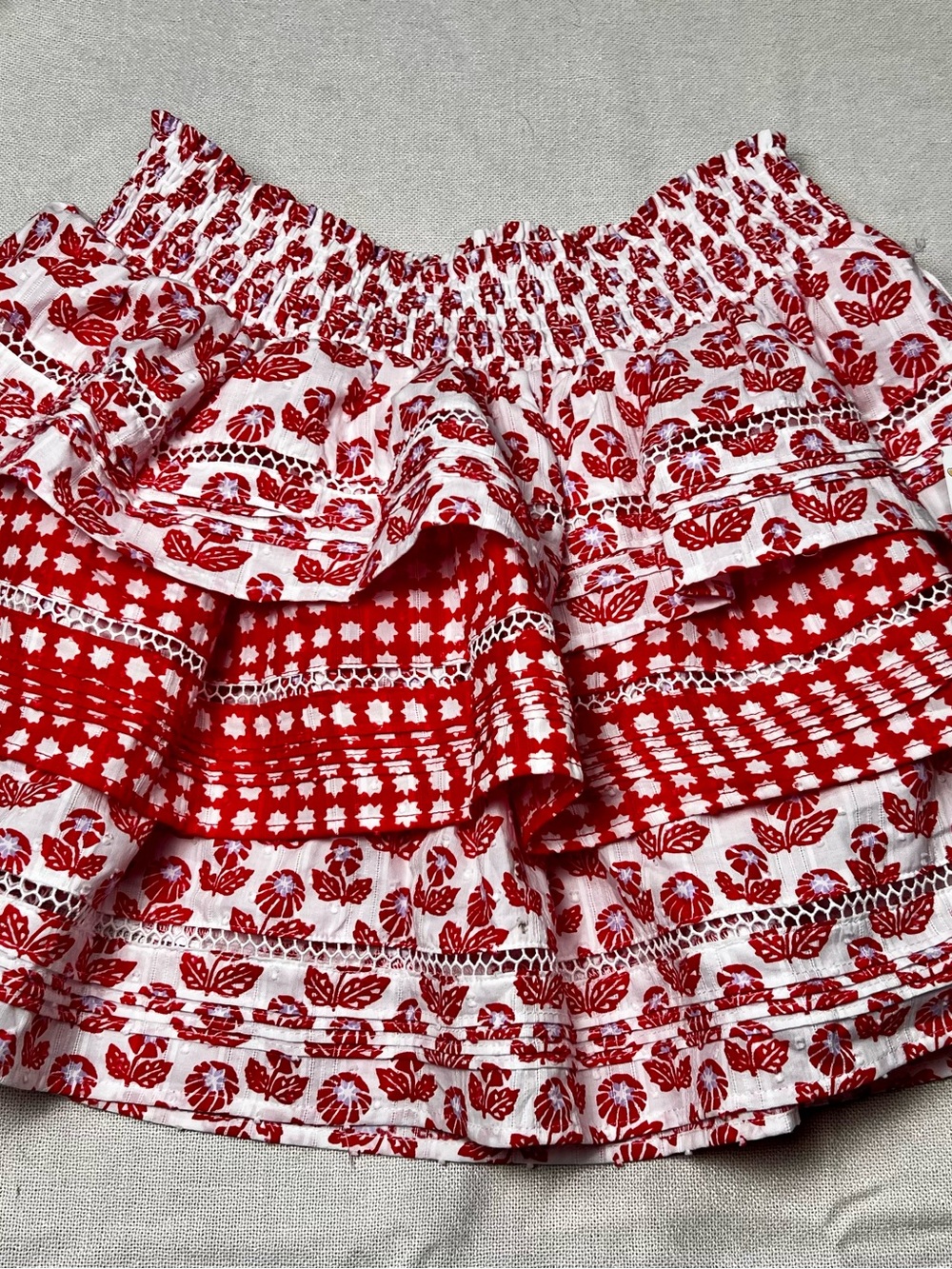 NWT Roller Rabbit Coral White Floral Boho Tiered Mini Skirt Medium 100% Cotton